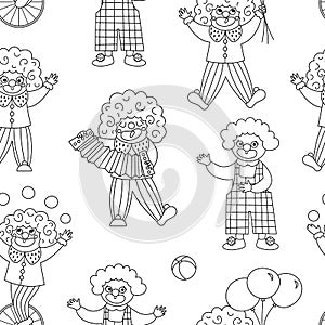 Vector black and white seamless pattern with clowns. Line circus artists repeat background. Amusement holiday digital paper or