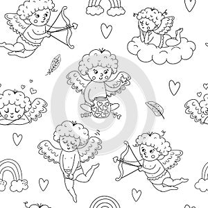 Vector black and white seamless pattern with cute cupids. Repeating background with funny Valentineâ€™s day characters. Digital