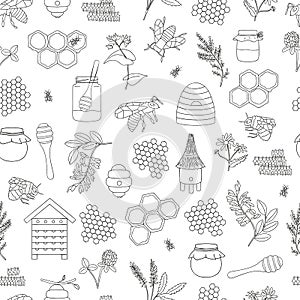 Vector black and white seamless pattern of honey, bee, bumblebee, beehive, wasp, apiary, meadow flowers