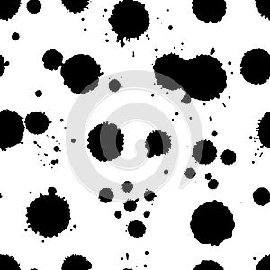 Vector black and white seamless pattern with ink splash, blot and brush stroke spot spray smudge, spatter, splatter, drip, drop,
