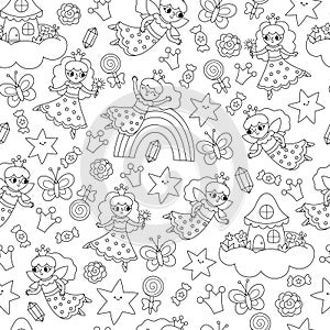 Vector black and white seamless pattern for unicorn or little princess birthday party. Repeat background with stars, rainbow,