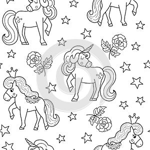Vector black and white seamless pattern with unicorn, rose, stars, crowns. Fairy tale outline princess repeat background. Girlish