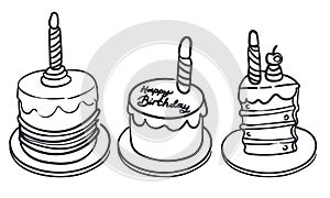 Vector black and white set with birthday cakes, candles and cupcakes. Cute outline meal or candy bar elements. Funny