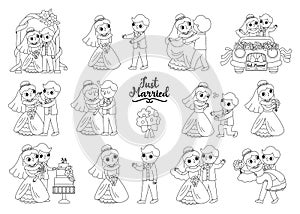 Vector black and white set with bride and groom. Cute line just married couple. Wedding ceremony coloring page. Cartoon marriage