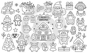 Vector black and white set of Christmas elements with Santa Claus, reindeer, animals, elf, stocking, fir tree, house with ornament