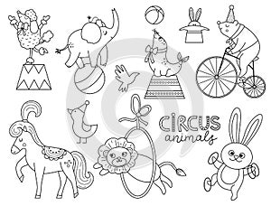 Vector black and white set with circus animals. Amusement holiday line icons pack. Cute funny festival characters clipart. Street