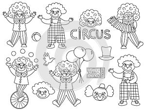 Vector black and white set with clowns. Circus outline artists clipart. Amusement holiday line icons pack. Cute funny festival