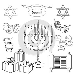 Vector black and white set of Hanukkah objects.