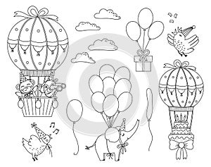 Vector black and white set with hot air balloons, cute animals, birds and clouds. Adorable outline flying characters pack. Funny