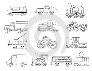 Vector black and white set of retro engines and transport