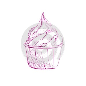 Vector black and white sketch illustration of cute creamy sweet cupcake.