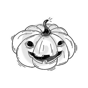 Vector black and white sketch illustration of Halloween pumpkin. Funny pumpkin with carved mouth and eyes. Isolated
