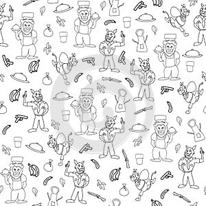 Vector black and white sketchy anthromorphic cartoon characters seamless pattern background