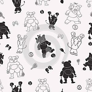 Vector black and white sporty anthromorphic cartoon characters seamless pattern background