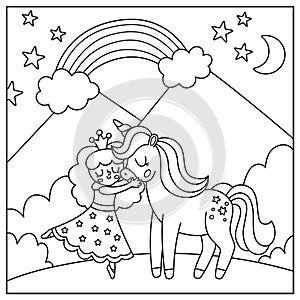 Vector black and white square background with fairy princess hugging unicorn under stars. Magic or fantasy world line scene.