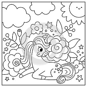 Vector black and white square background with unicorn with flowers under clouds, sun. Magic or fantasy world line scene. Fairytale