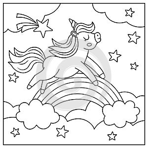 Vector black and white square background with unicorn running above the rainbow under night sky. Magic world line scene. Fairytale