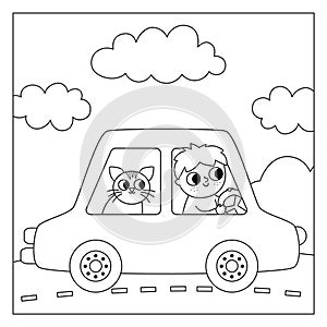 Vector black and white square scene with boy driving a car with cat. Transportation line illustration or coloring page. Cute kid