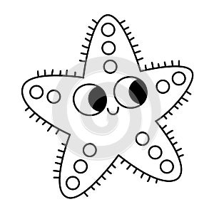 Vector black and white starfish icon. Under the sea line illustration with cute funny star fish. Ocean animal clipart. Cartoon