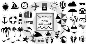 Vector black and white summer travel or vacation beach big icon set