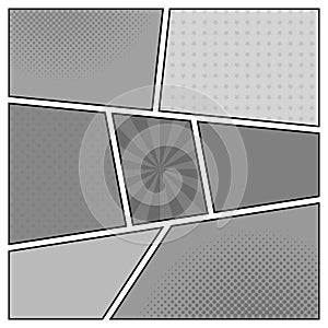 Vector black and white template of retro comic book page with rays