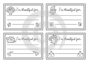 Vector black and white Thanksgiving cards set. Im thankful for horizontal line templates collection with cute turkey, pumpkin, owl