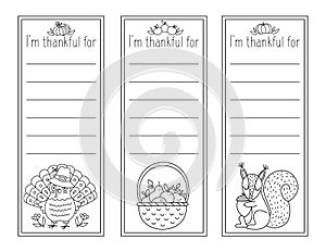 Vector black and white Thanksgiving cards set. Im thankful for vertical line templates collection with cute turkey, pumpkin, owl.