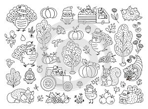 Vector black and white Thanksgiving elements set. Autumn line icons collection with turkey, animals, harvest, cornucopia, pumpkins