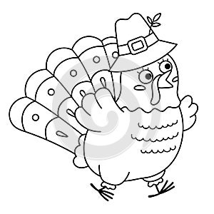 Vector black and white Thanksgiving turkey in pilgrim hat. Autumn bird line icon. Outline fall holiday running animal with bulging
