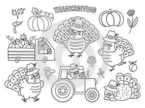 Vector black and white Thanksgiving turkey set. Autumn birds line icon. Fall holiday outline animal in pilgrim hat pack. Line