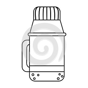 Vector black and white thermos bottle isolated on white background. Winter or camping traditional warming drink outline