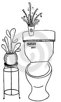 Vector black and white toilet bowl with two hause plants in the pots