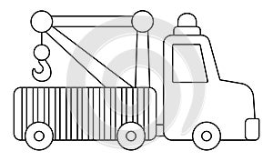 Vector black and white tow truck. Construction site, road work line icon. Building transportation clipart. Cute special transport