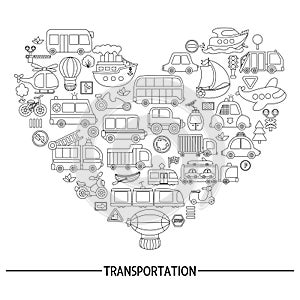 Vector black and white transportation heart shaped frame with bus, car, boat, truck. Line card template design with transport for