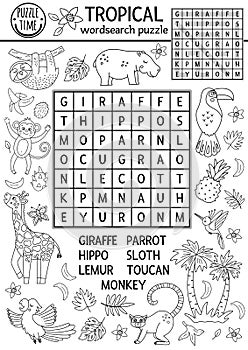 Vector black and white tropical wordsearch puzzle for kids. Simple summer crossword with exotic animals and birds for children. photo