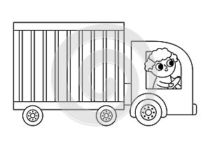 Vector black and white truck car with driver. Funny line automobile for kids. Cute vehicle clip art. Retro lorry transport icon or