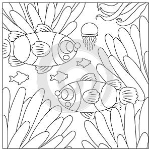 Vector black and white under the sea landscape illustration with clown fish and actinia. Ocean life line scene with sand, seaweeds