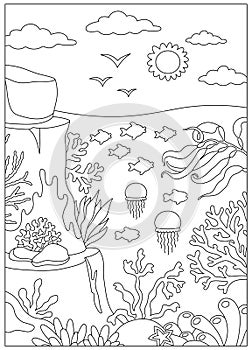 Vector black and white under the sea landscape illustration. Ocean life line scene with reef, seaweeds, stones, corals, fish,