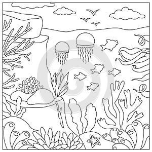 Vector black and white under the sea landscape illustration. Ocean life line scene with reef, seaweeds, stones, corals, fish,