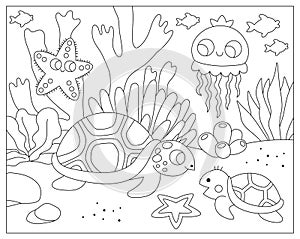 Vector black and white under the sea landscape illustration with tortoise and baby. Ocean life line scene with sand, seaweeds,