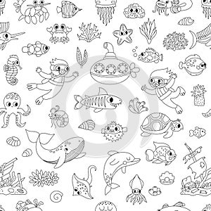 Vector black and white under the sea seamless pattern. Repeat background with cute fish, seaweeds, divers, submarine. Ocean life