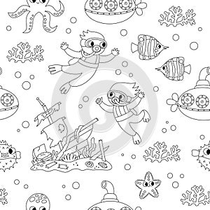 Vector black and white under the sea seamless pattern. Repeat line background with fish, seaweeds, divers, submarine. Ocean life