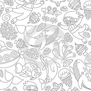 Vector black and white under the sea seamless pattern. Repeat line background with fish, seaweeds, divers, submarine. Ocean life