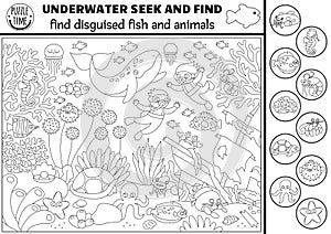 Vector black and white under the sea searching game with sea landscape, divers. Spot hidden fish. Simple ocean life seek and find