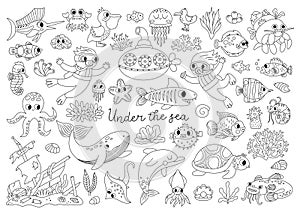 Vector black and white under the sea set. Ocean line collection with seaweeds, fish, divers, submarine. Cartoon water animals and