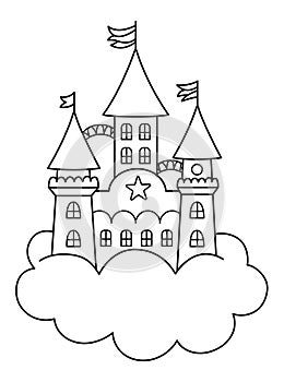 Vector black and white unicorn castle on cloud. Fantasy world palace line icon with towers, flags, roofs. Fairy tale princess