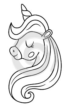 Vector black and white unicorn head with horn and mane. Fantasy animal rainbow with closed eyes. Fairytale line horse character