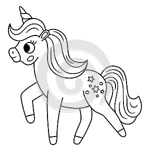 Vector black and white unicorn with horn and mane. Fantasy walking animal. Fairytale line horse character for kids. Cartoon magic