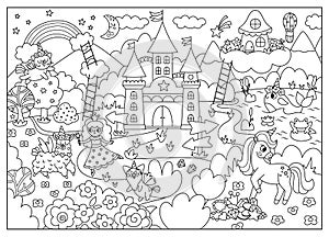 Vector black and white unicorn themed landscape illustration. Fairytale line scene with castle, rainbow. Magic nature background