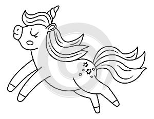 Vector black and white unicorn with yellow horn and pink mane. Fantasy line running animal with closed eyes. Fairytale horse